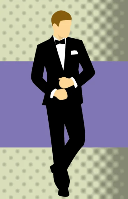 Stylized vector of a man in a tuxedo, linking to the SnazzyGuy blog homepage.