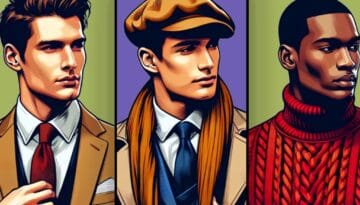 Three illustrated men showcasing men's style tips: one in a suit and tie, one in a scarf and cap, and one in a red cable-knit sweater