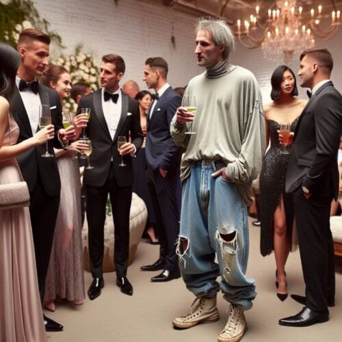 Underdressed man in oversized ripped jeans and casual top at formal event – smart casual gone wrong