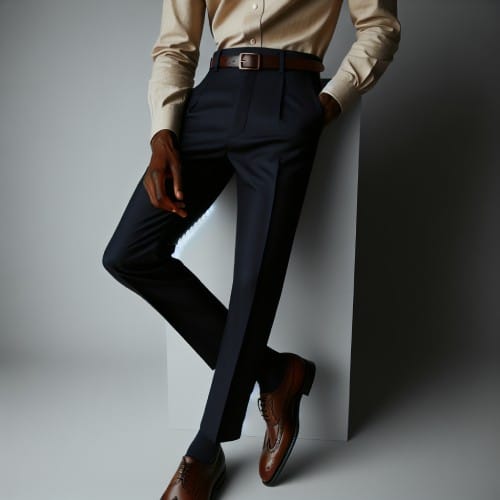 Man wearing navy blue pants with a beige shirt and brown dress shoes – classic men’s outfit