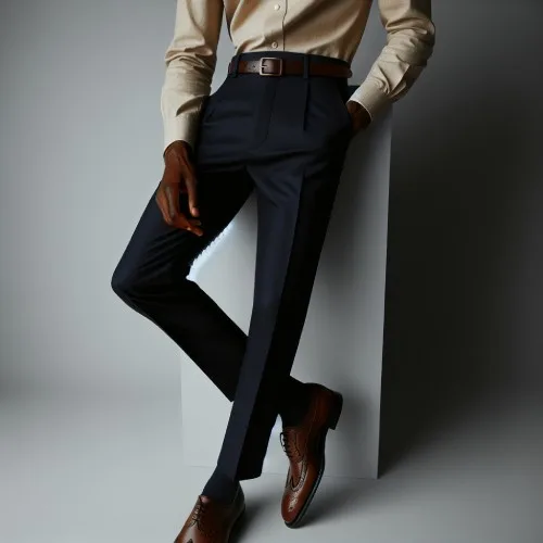 Man wearing navy blue pants with a beige shirt and brown dress shoes – classic men’s outfit