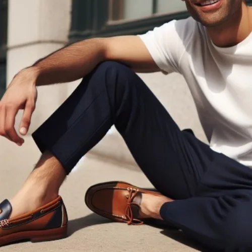 Man sitting in navy blue pants with brown loafers and white tee – casual men's style