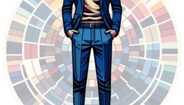 Illustrated man wearing navy blue pants and a blazer, standing in front of a muted color wheel background