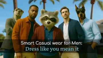 Men in smart casual blazers and dress shirts - gray, orange, brown, and navy jackets in tropical setting