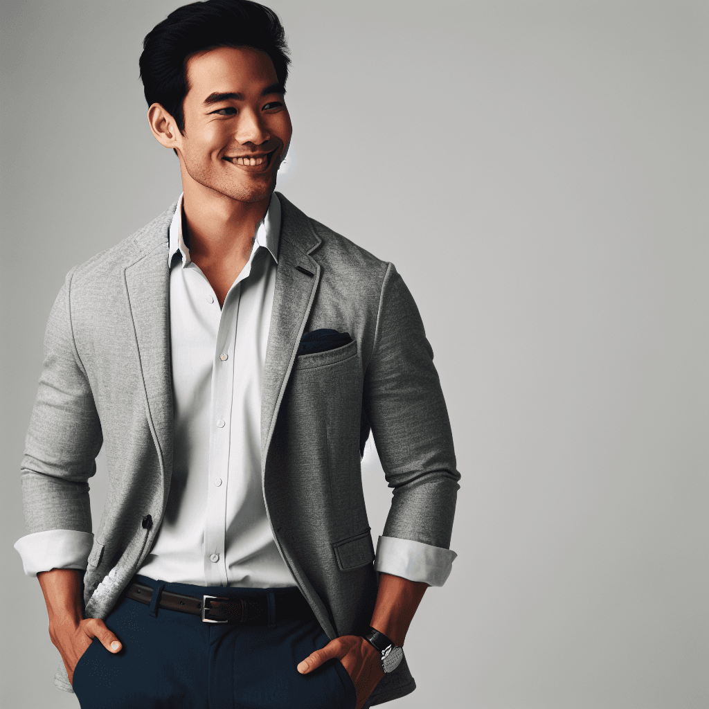 Stylish man in navy blue pants, light dress shirt, and blazer – smart casual men's outfit