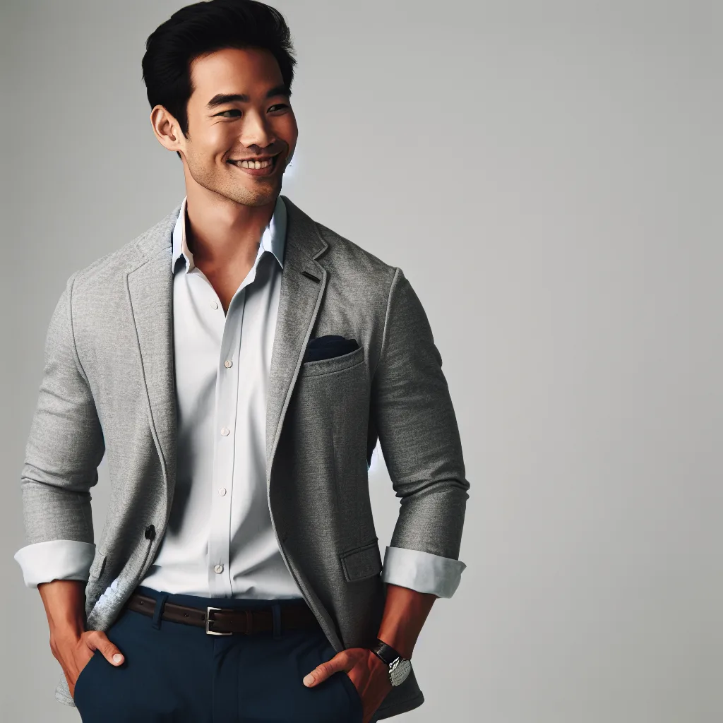 Stylish man in navy blue pants, light dress shirt, and blazer – smart casual men's outfit