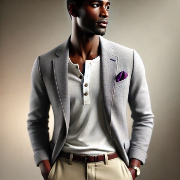 Stylish man wearing a henley, blazer, and chinos – men's style tips example