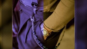 Close-up of men's casual outfit with chain accessory, watch, and suspenders – casual wear for men