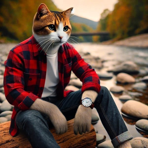 Anthropomorphic cat wearing a smart casual outfit with a red plaid shirt, jeans, and a wristwatch, sitting by a river.