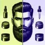 Illustration comparing beard balm vs beard oil with two styled beards and grooming products