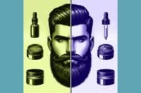 Illustration comparing beard balm vs beard oil with two styled beards and grooming products