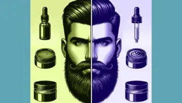 Illustration comparing beard balm vs beard oil with two styled beards and grooming products