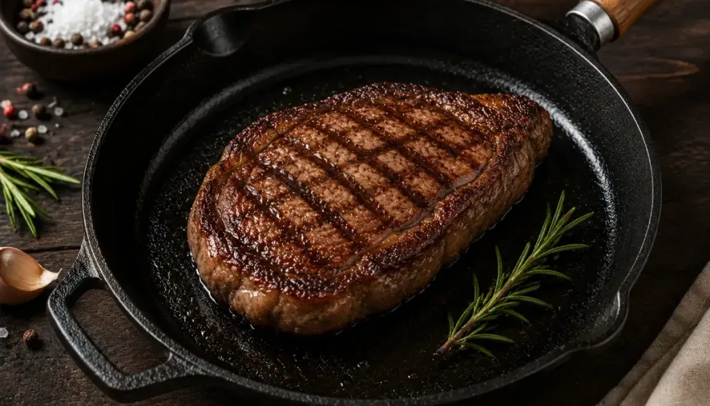 pan cooked steak searing in a cast iron skillet with flames and herbs.