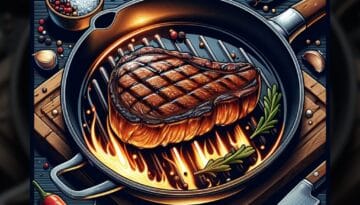 Illustrated pan cooked steak searing in a cast iron skillet with flames and herbs.