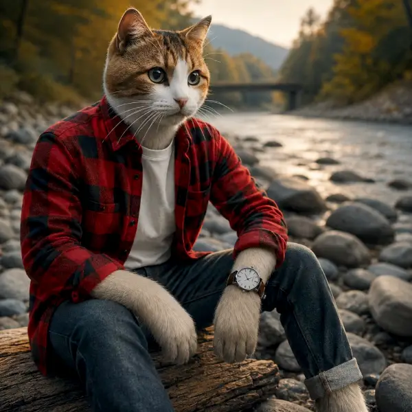 Anthropomorphic cat wearing a showcasing men's wardrobe essentials with a red plaid shirt, jeans, and a wristwatch, sitting by a river.