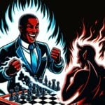 Illustration of a confident man defeating a demon in chess – self-confidence exercises for men