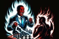 Illustration of a confident man defeating a demon in chess – self-confidence exercises for men