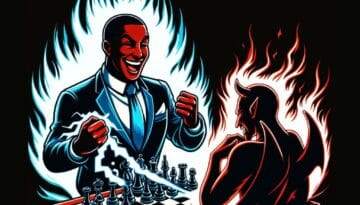 Illustration of a confident man defeating a demon in chess – self-confidence exercises for men