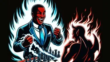 Illustration of a confident man defeating a demon in chess – self-confidence exercises for men
