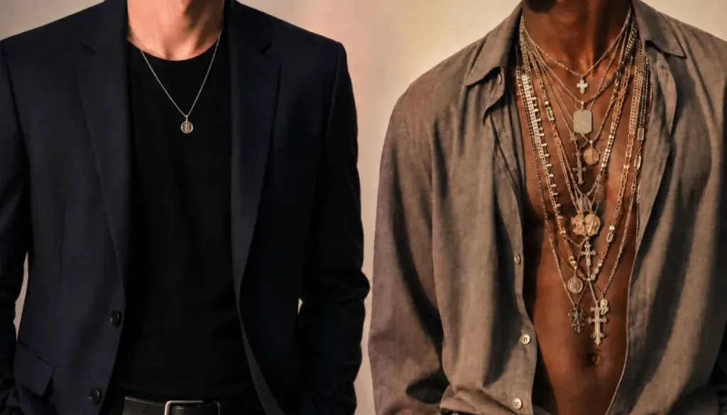 Side-by-side comparison of two men wearing men’s chain styles - one styled simply with a pendant, the other overloaded with excessive layered chains.