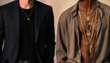 Side-by-side comparison of two men wearing men’s chains—one styled simply with a pendant, the other overloaded with excessive layered chains.
