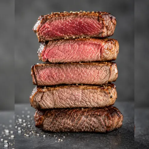 Stacked slices of pan cook steak showing different levels of doneness from rare to well done.