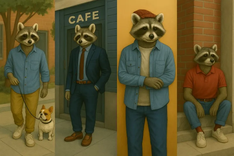 Illustration of an anthropomorphic raccoon wearing different chambray shirt outfits in casual, business, and relaxed street styles.