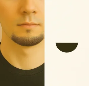 Split image showing a man with a classic goatee on the left and a minimalist half-moon graphic representing the style on the right.