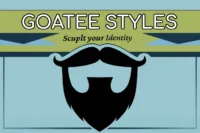 Stylized graphic of a goatee and mustache silhouette with the text "Goatee Styles - Sculpt Your Identity" against a blue and green background.