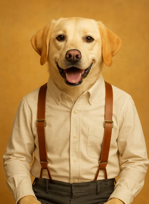 Anthropomorphic golden retriever wearing a beige shirt, dark gray trousers, and brown leather suspenders, smiling against a warm yellow background.