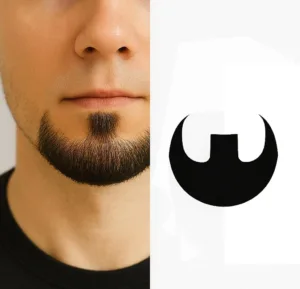 Split image showing a man with a sculpted goatee and soul patch on the left, and a black graphic symbol representing the same facial hair style on the right.