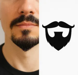 Split image showing a man with a Van Dyke goatee and mustache on the left, paired with a black graphic symbol representing the style on the right.