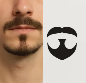 Split image showing a man with an anchor beard and goatee on the left, paired with a black graphic symbol of the same facial hair style on the right.