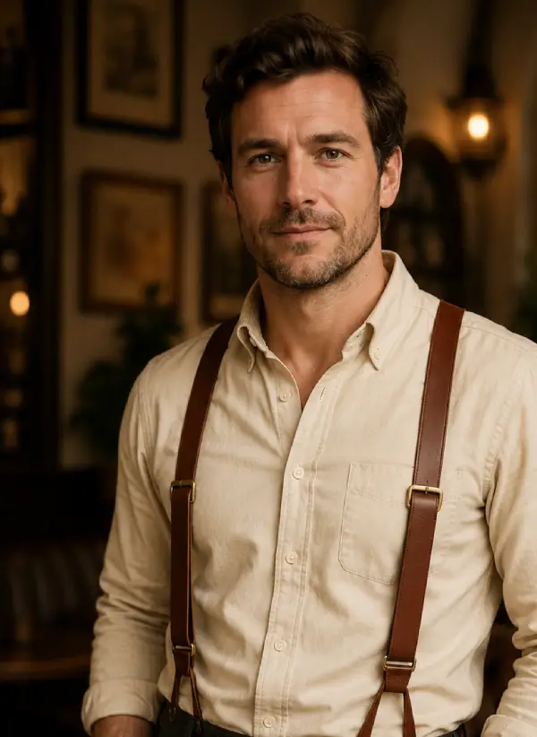 Anthropomorphic golden retriever wearing a beige shirt, dark gray trousers, and brown leather suspenders, smiling against a warm yellow background.