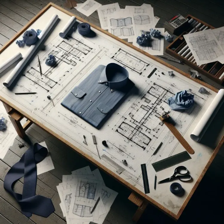 chambray workbench Folded chambray shirt placed on an architect’s drafting table surrounded by blueprints, symbolizing the craftsmanship behind the chambray shirt.