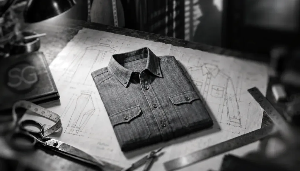 Black-and-white hero image of a folded chambray shirt on a tailor’s worktable with pattern sketches, measuring tape, scissors, and rulers