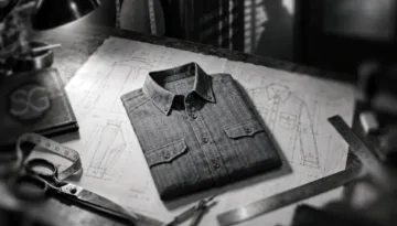 Black-and-white hero image of a folded chambray shirt on a tailor’s worktable with pattern sketches, measuring tape, scissors, and rulers