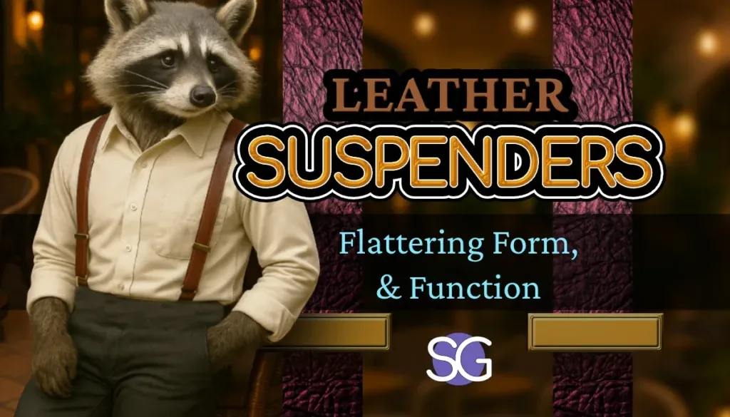 Anthropomorphic raccoon wearing leather suspenders and a dress shirt, featured in a blog graphic titled "Leather Suspenders: Flattering Form and Function."