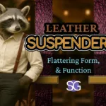 Anthropomorphic raccoon wearing leather suspenders and a dress shirt, featured in a blog graphic titled "Leather Suspenders: Flattering Form and Function."