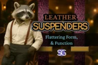Anthropomorphic raccoon wearing leather suspenders and a dress shirt, featured in a blog graphic titled "Leather Suspenders: Flattering Form and Function."