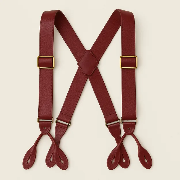 Red leather suspenders with button loop attachments and gold-tone adjusters, displayed against a neutral background.