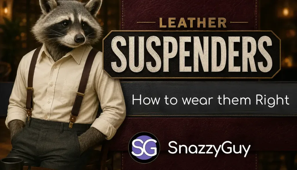 Anthropomorphic raccoon wearing leather suspenders and a dress shirt, featured in a blog graphic titled "Leather Suspenders: Flattering Form and Function."