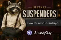 Anthropomorphic raccoon wearing leather suspenders and a dress shirt, featured in a blog graphic titled "Leather Suspenders: Flattering Form and Function."