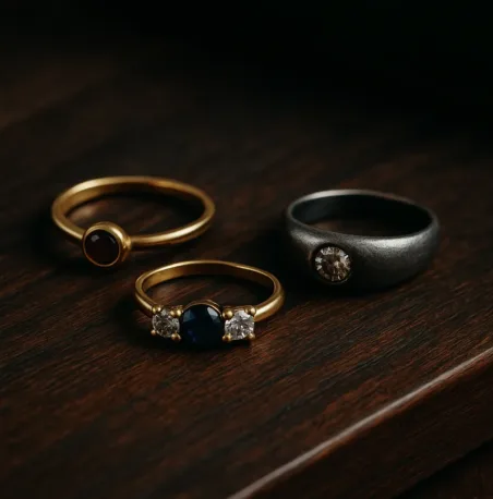 Three stylish men's rings on a dark wood surface, featuring a gemstone accent ring, a three-stone ring, and a gypsy ring. All are gemstone rings for men.