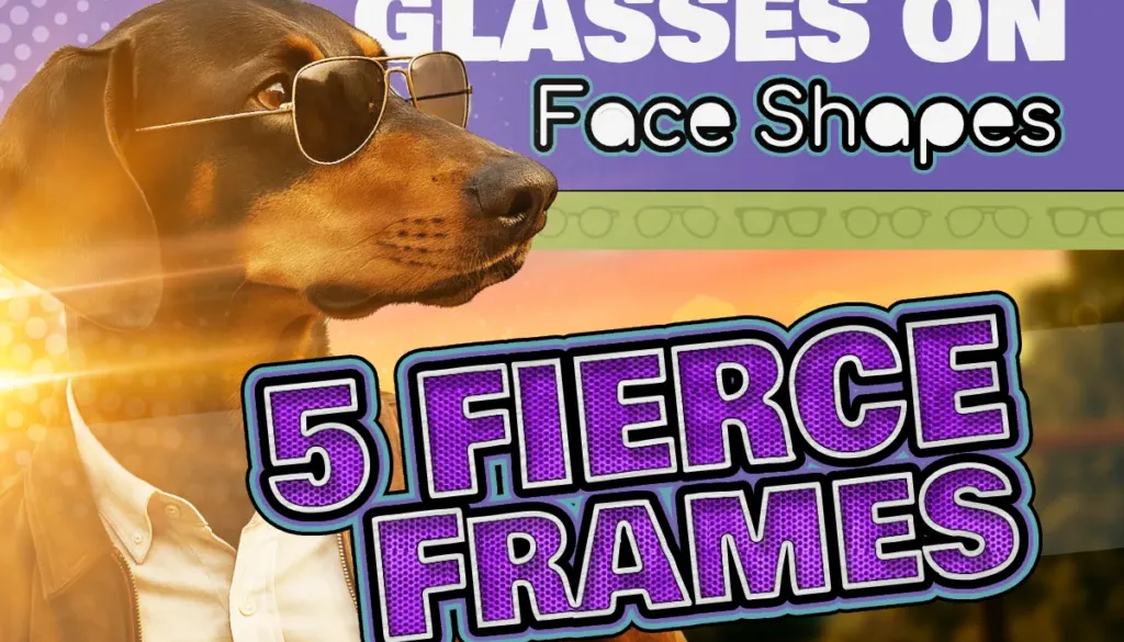 A Doberman in sunglasses and a leather jacket with bold comic-style text reading “Glasses on Face Shapes: 5 Fierce Frames.”