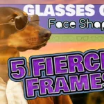 A Doberman in sunglasses and a leather jacket with bold comic-style text reading “Glasses on Face Shapes: 5 Fierce Frames.”