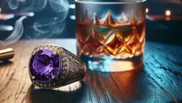 Vintage-style men’s ring with a large purple gemstone beside a glass of whiskey on a wooden table.