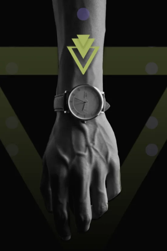 Man's left hand wearing a classic wristwatch on Snazzy guy homepage.
