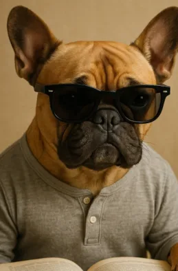 French Bulldog wearing black square glasses and a grey henley shirt, looking at an open book.