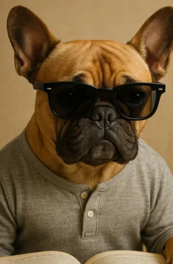 French Bulldog wearing black square glasses and a grey henley shirt, looking at an open book.